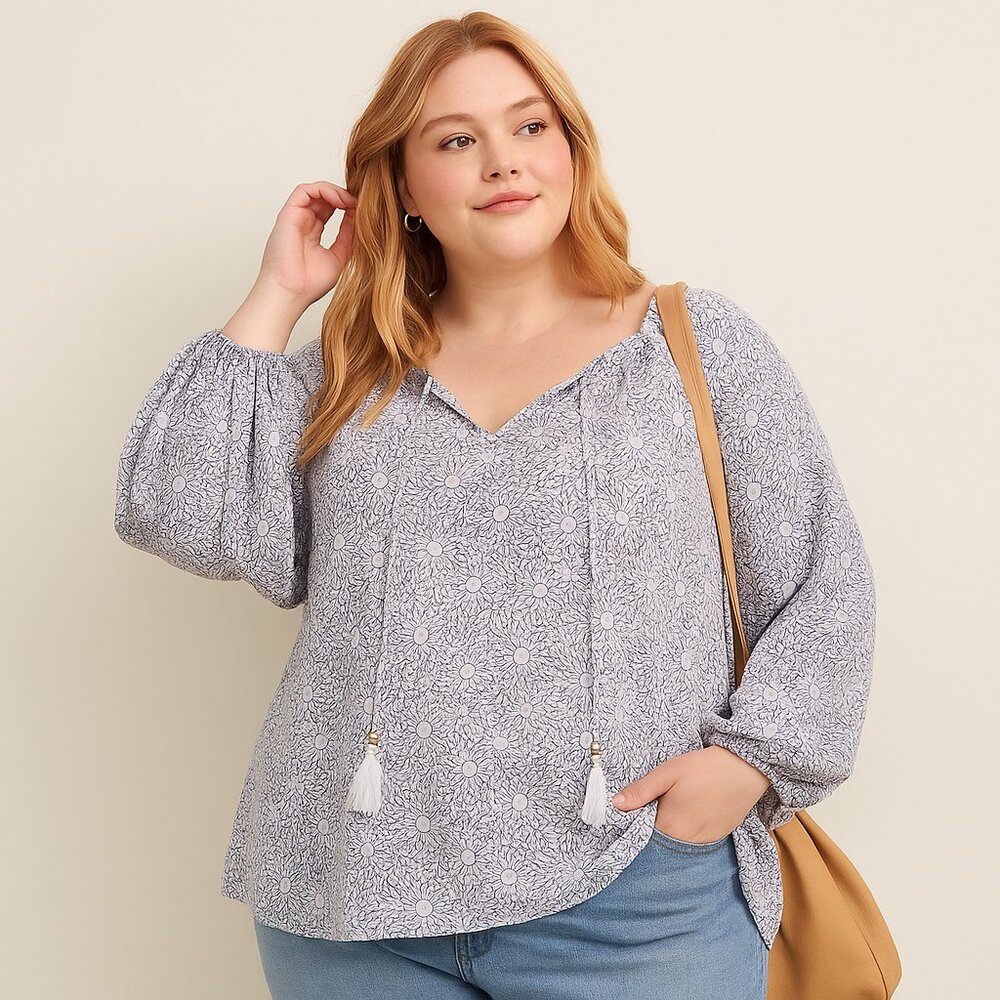 DC Jeans Plus Size 4X Floral Tunic Blouse – Flowy Boho Top with Tassels
